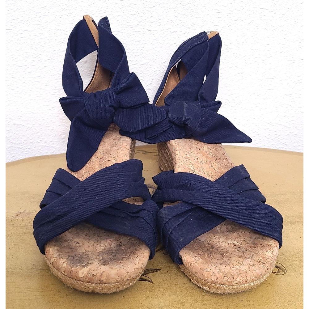 UGG Navy Blue US 9 Fabric Cork Espadrille Ankle‎ Tie Wedge Sandals Quiet Luxury - Picture 3 of 8